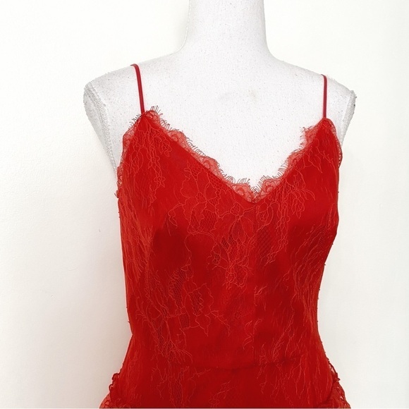 ML MONIQUE LHUILLIER RED LACE SLEEVELESS TIERED COCKTAIL DRESS - 4 - Picture 4 of 10